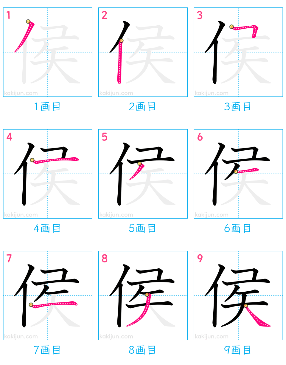 「侯」の書き順（画数）