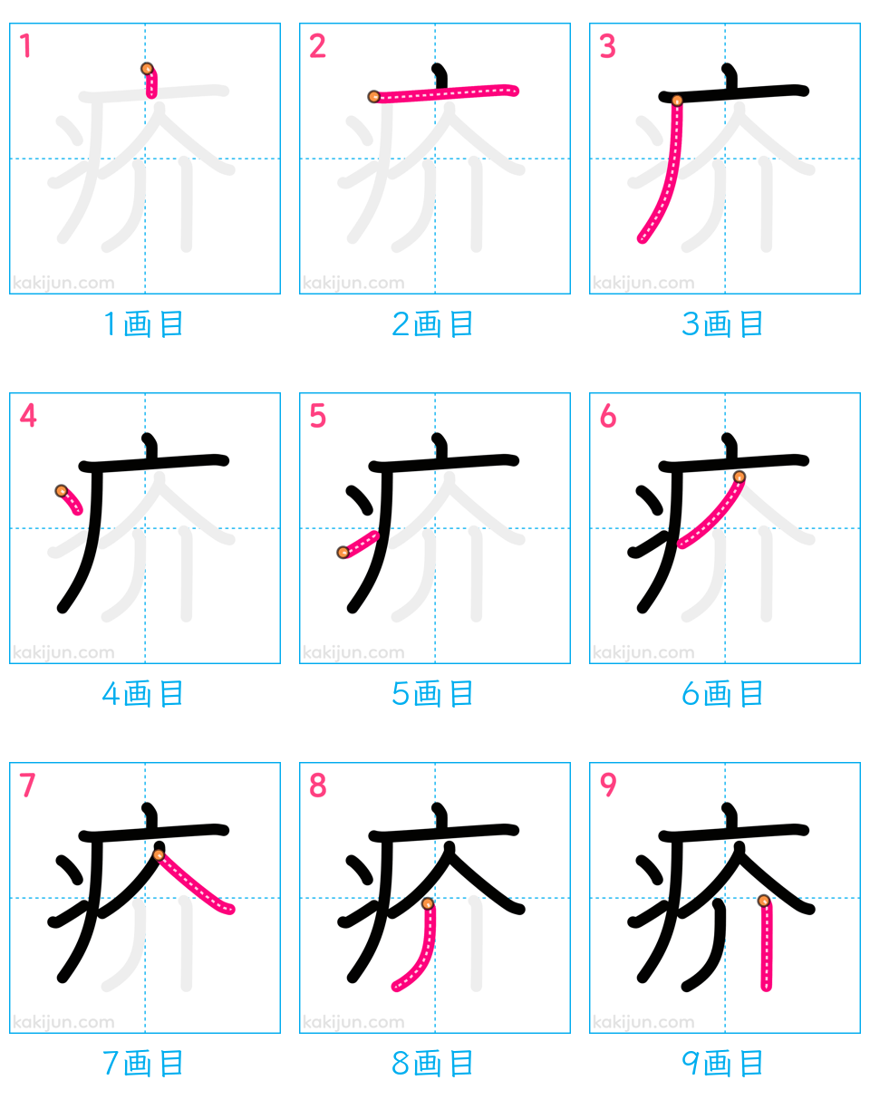 「疥」の書き順（画数）