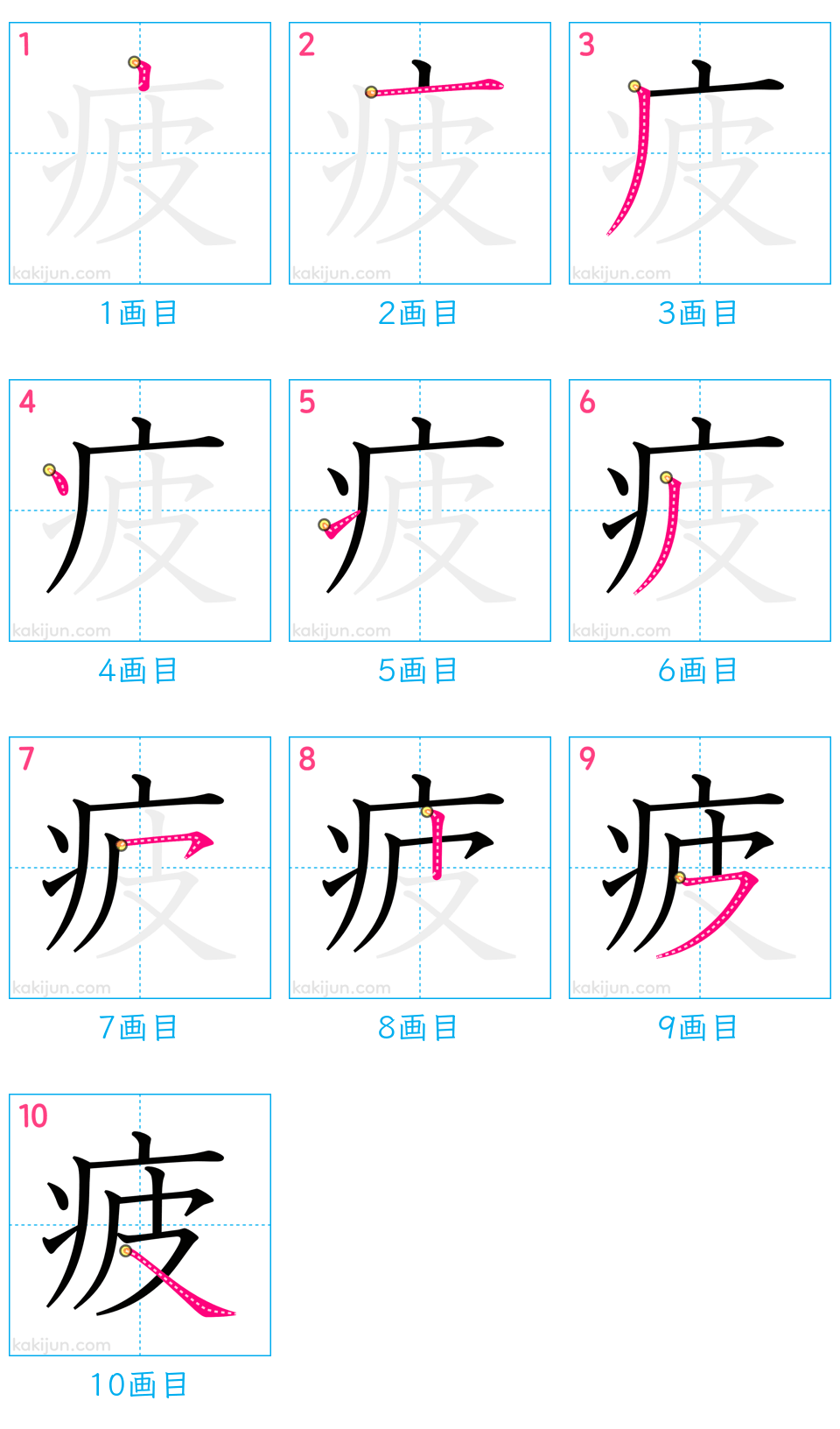 「疲」の書き順（画数）