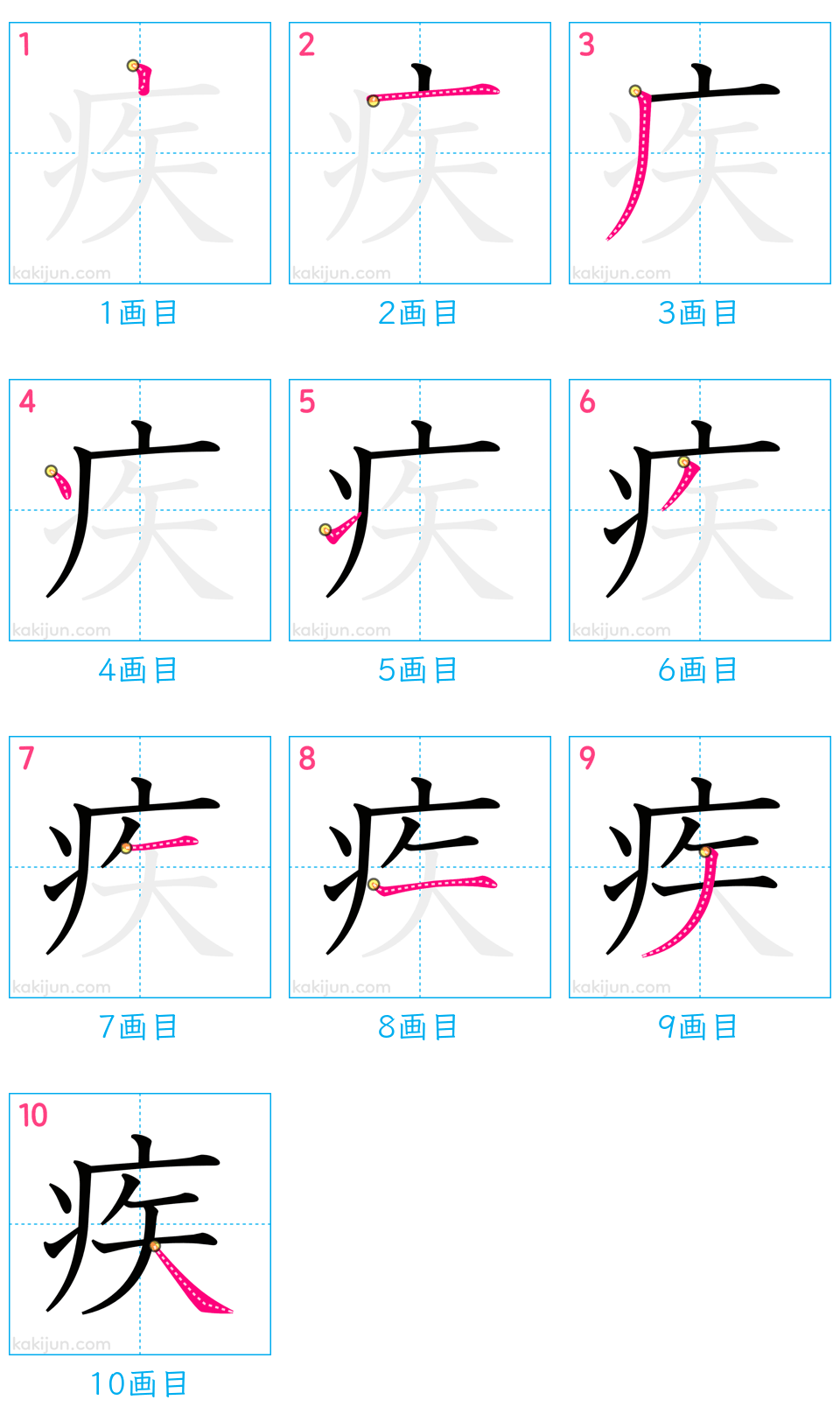 「疾」の書き順（画数）