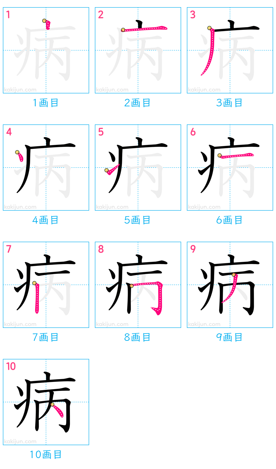 「病」の書き順（画数）